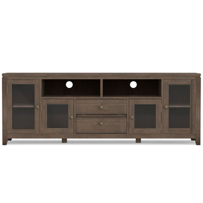 Wide handcrafted solid wood media stand with glass cabinets and open cubbies in dark finish on Tampa Home & Garden Store