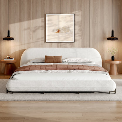 Plush Boucle King Bed Frame with Thick Headboard