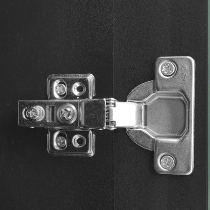 Entertainment center hardware close-up with silver brackets and screws on black textured surface on Tampa Home & Garden Store