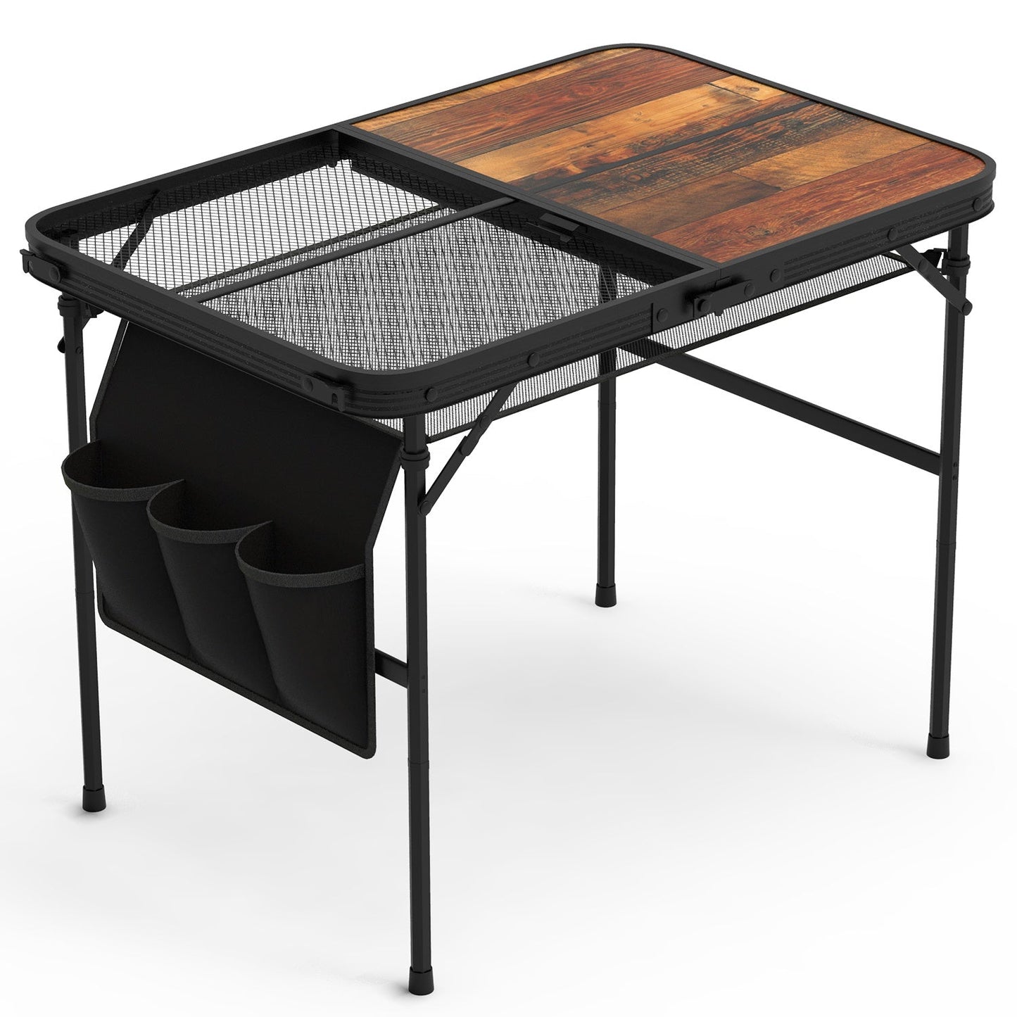 GemGear foldable camping table with wood-grain top and mesh shelf, black aluminum frame on Tampa Home & Garden Store