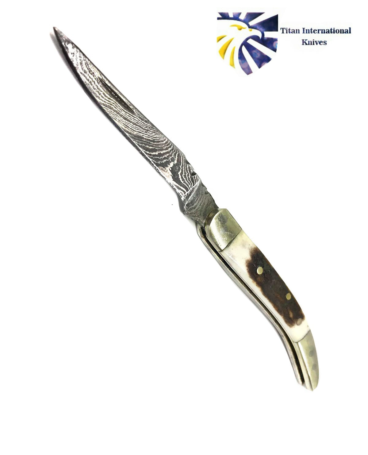 Damascus toothpick-style TF-11 knife with curved blade and bone horn handle, Titan Knives on Tampa Home & Garden Store