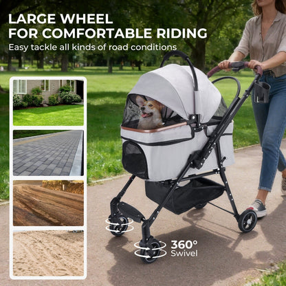 4-Wheel Foldable Pet Stroller for Dogs and Cats in light gray with 360° swivel wheels on Tampa Home & Garden Store