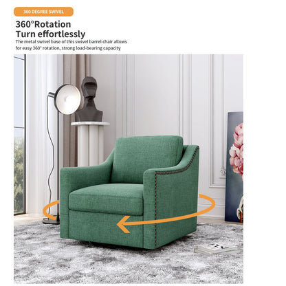 360° Swivel Armchair in green cotton-linen fabric with brass nail detailing by HouseOfZazla on Tampa Home & Garden Store