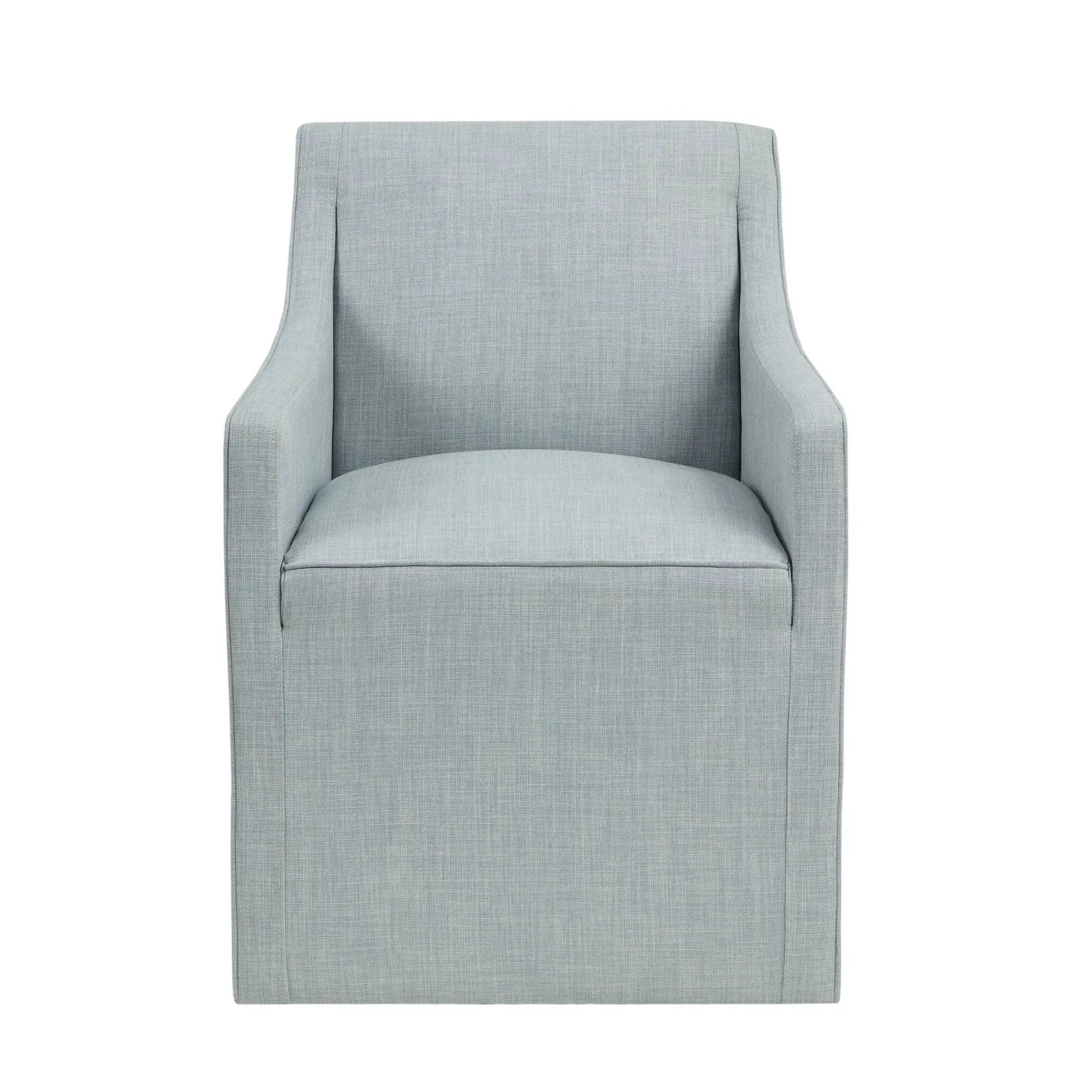 Traditional skirted dining arm chair in light blue gray fabric by Unique Piece Furniture on Tampa Home & Garden Store