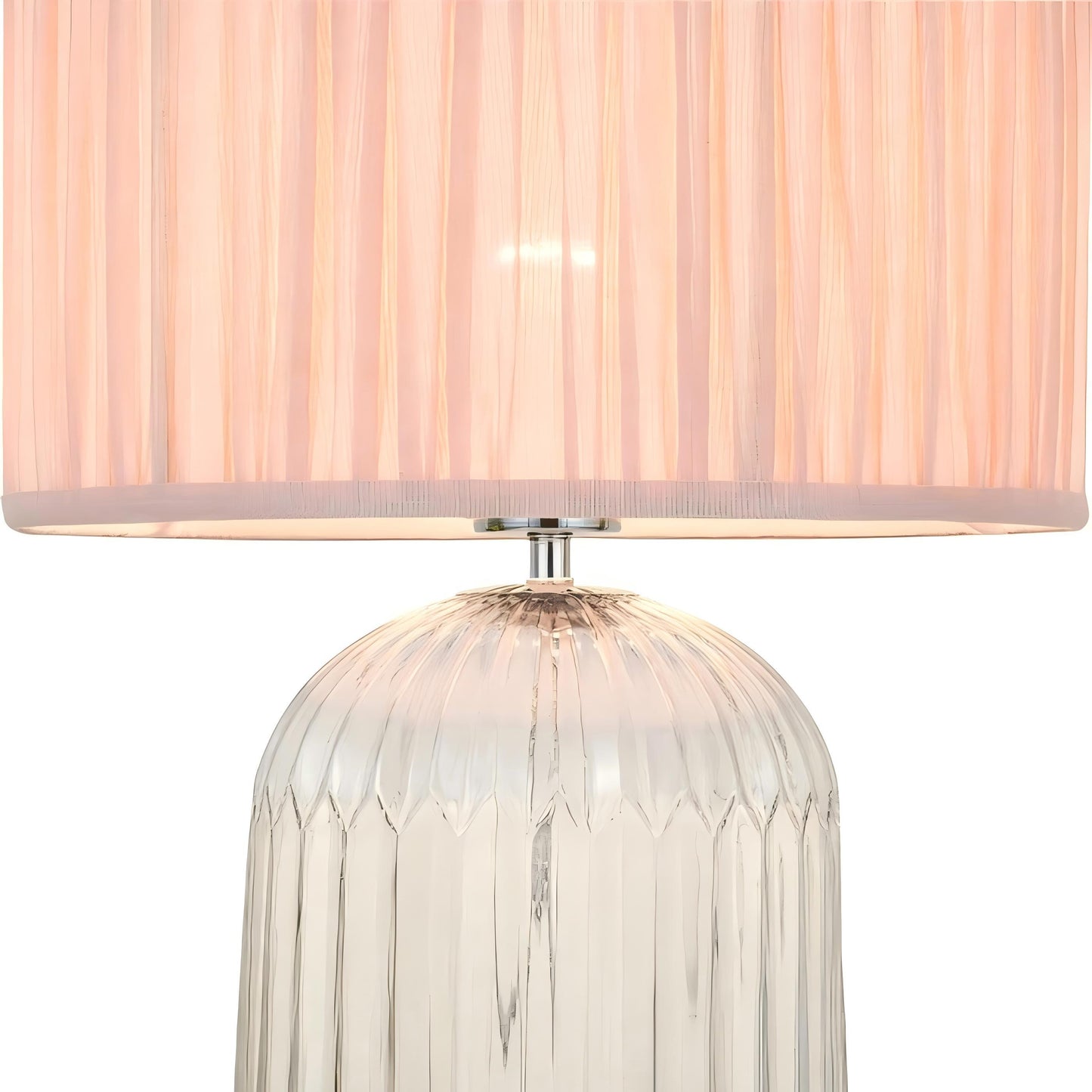 Nordic Home table lamp with pink clear glass shade and wood details, gold hardware, LED Nebulis on Tampa Home & Garden Store