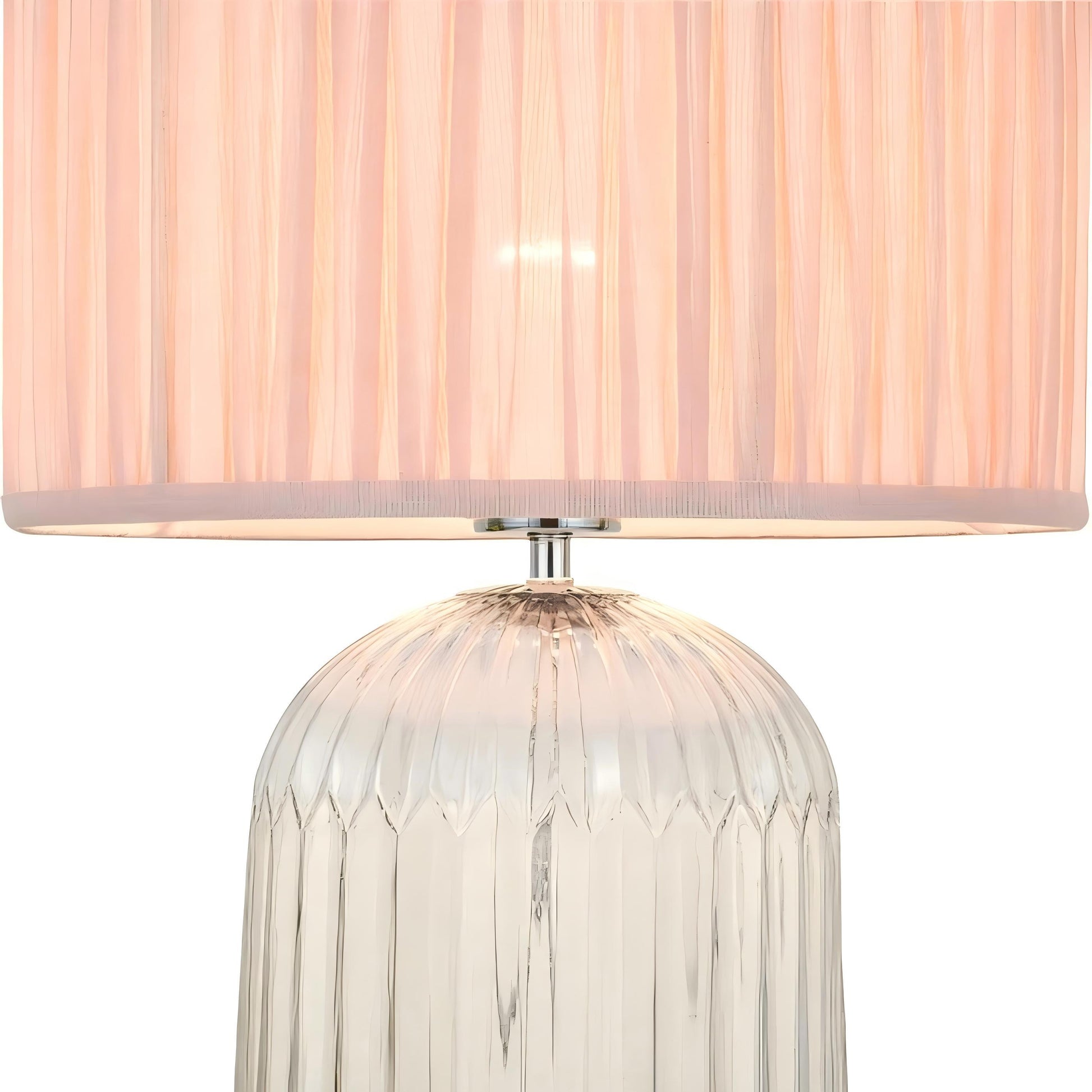 Nordic Home table lamp with pink clear glass shade and wood details, gold hardware, LED Nebulis on Tampa Home & Garden Store