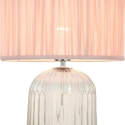 Nordic Home table lamp with pink clear glass shade and wood details, gold hardware, LED Nebulis on Tampa Home & Garden Store