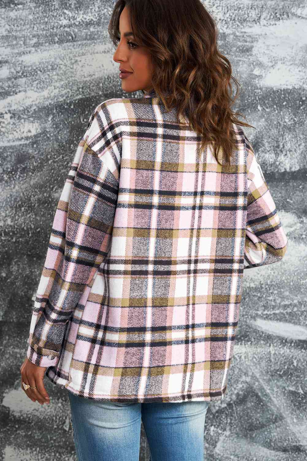 Classic Plaid Button Front Shirt Jacket with Breast Pockets Stevvex pink plaid long sleeves on Tampa Home & Garden Store