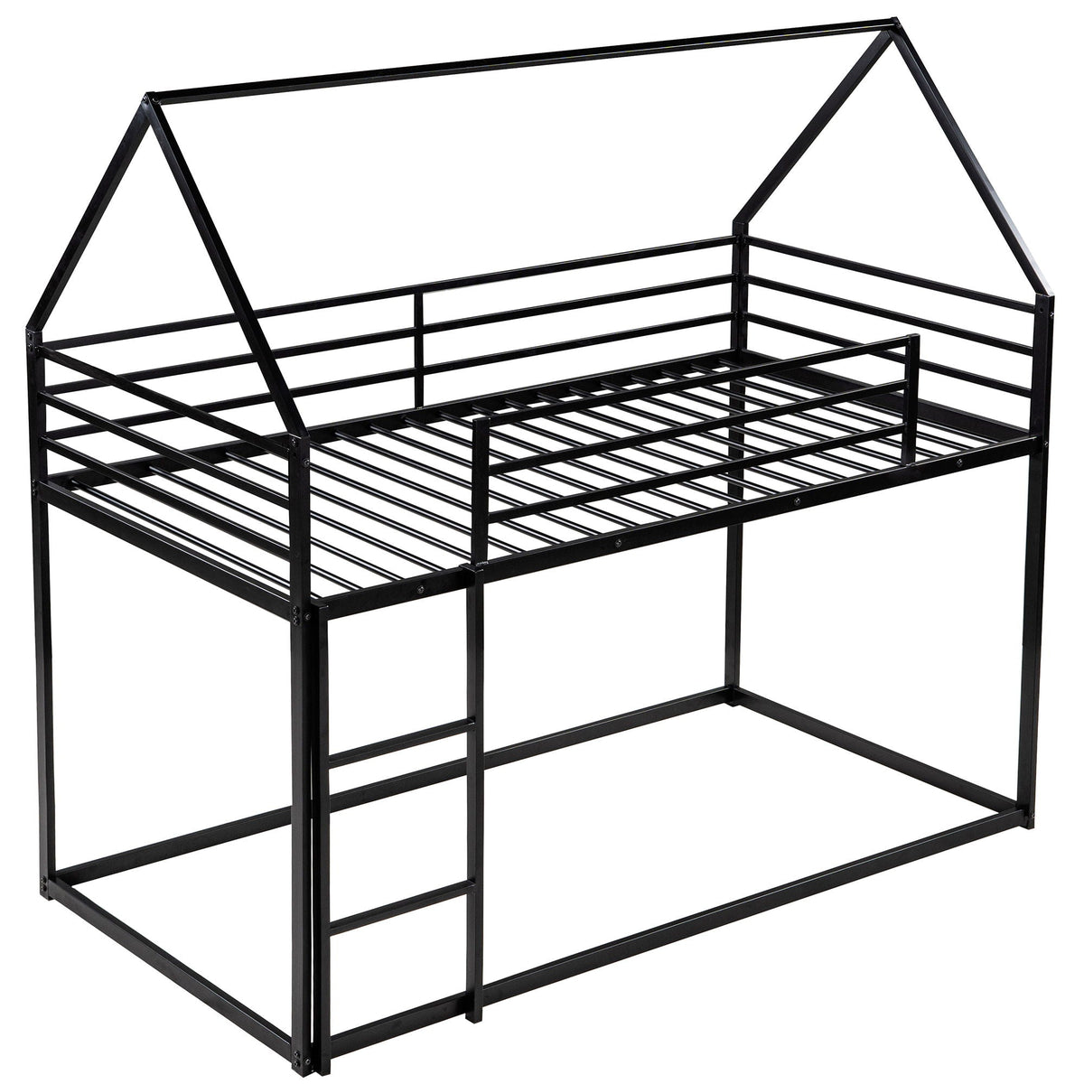 House bunk bed frame by HouseOfZazla in black metal with built-in ladder and roof rails on Tampa Home & Garden Store