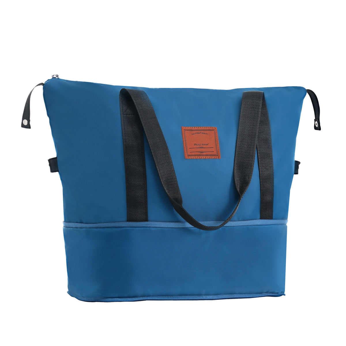 Blue travel tote with black shoulder straps and an orange front patch on Tampa Home & Garden Store
