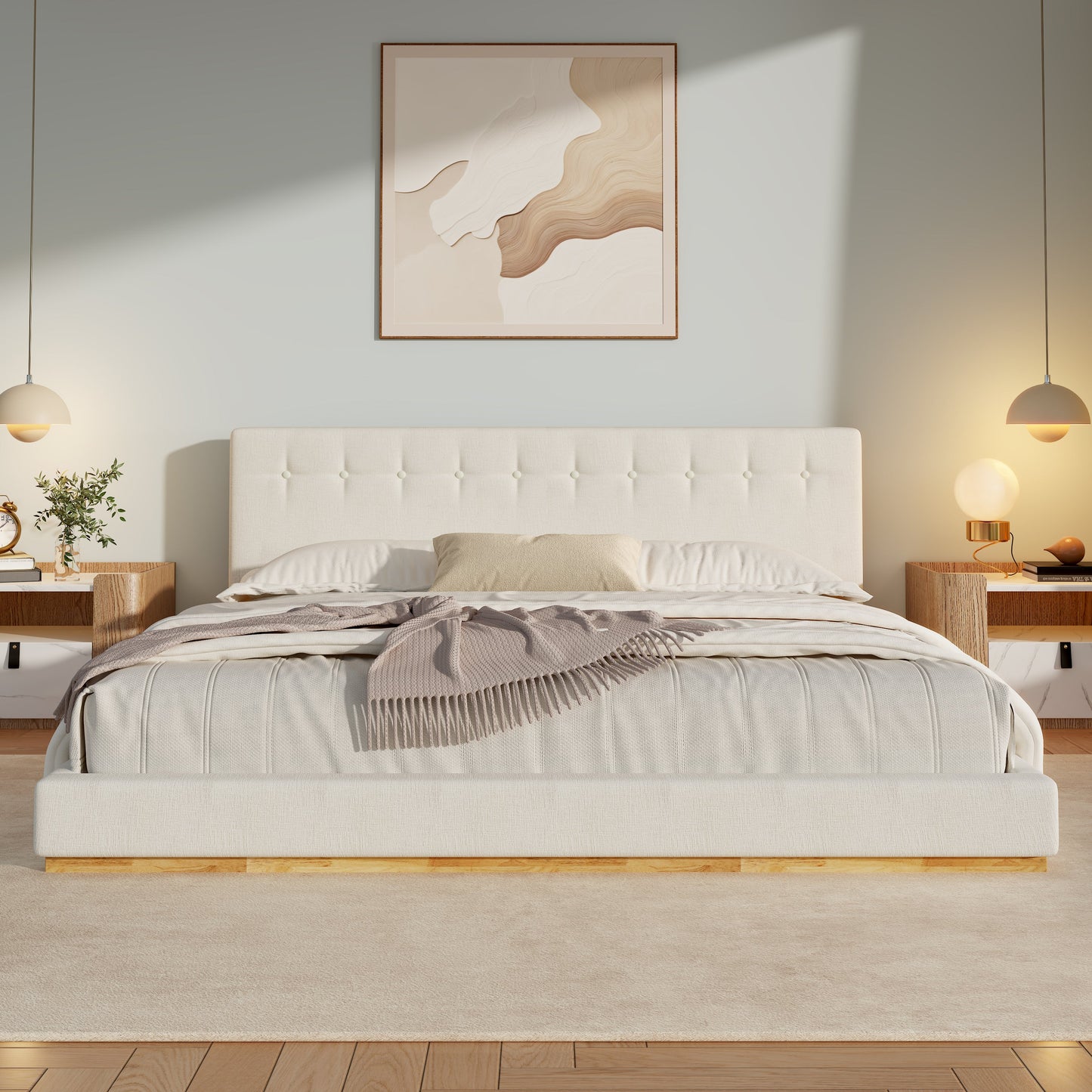 Solid rubber wood platform bed with cream upholstered headboard by HouseOfZazla on Tampa Home & Garden Store