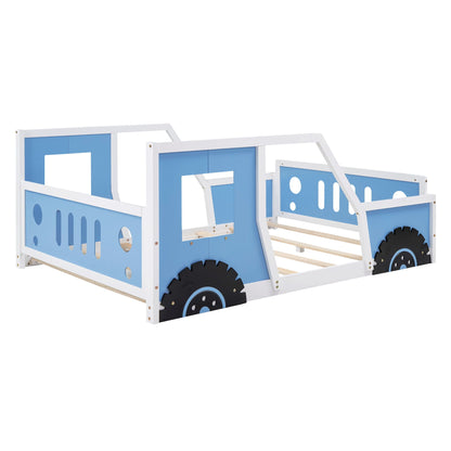Classic Car Shaped Platform Bed With Wheels, blue panels, white frame, two-car unit HouseOfZazla on Tampa Home & Garden Store