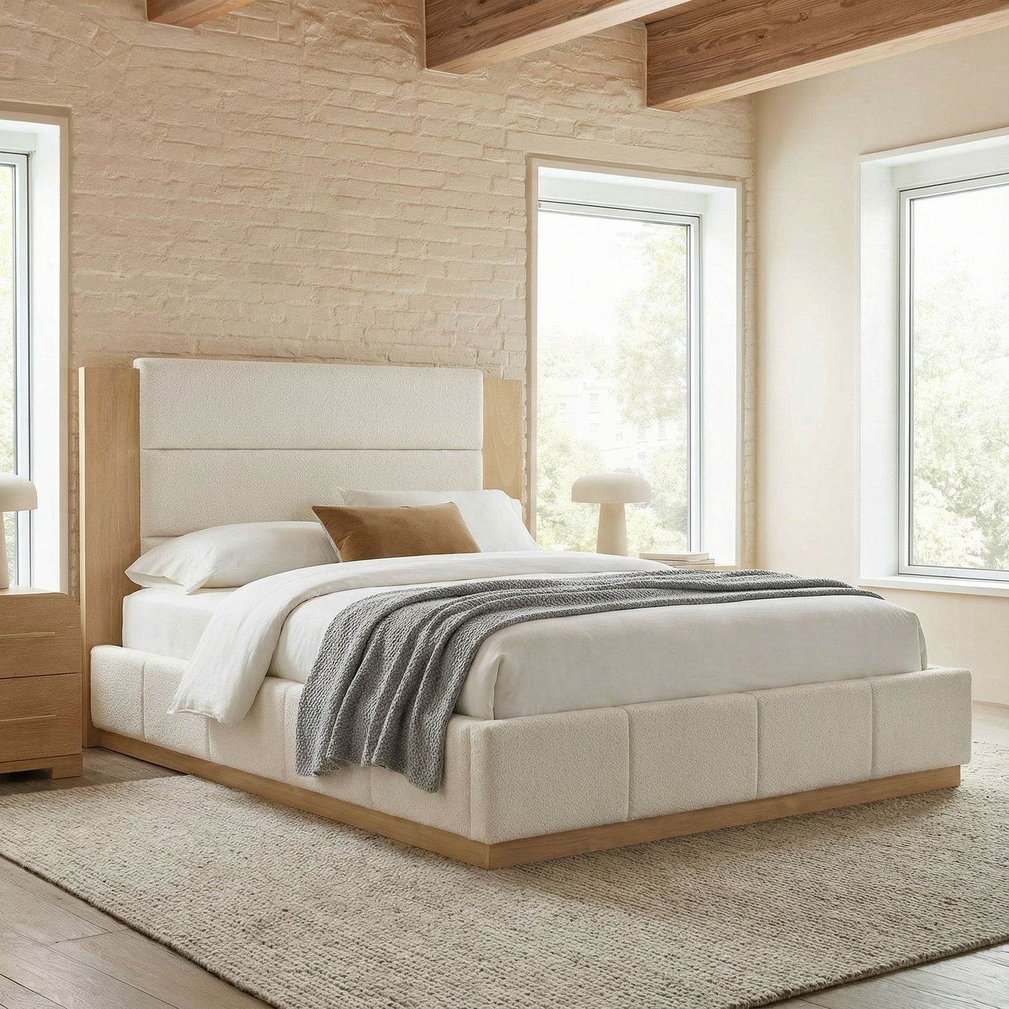 Upholstered platform bed with extended beige headboard, cream fabric and light wood base on Tampa Home & Garden Store