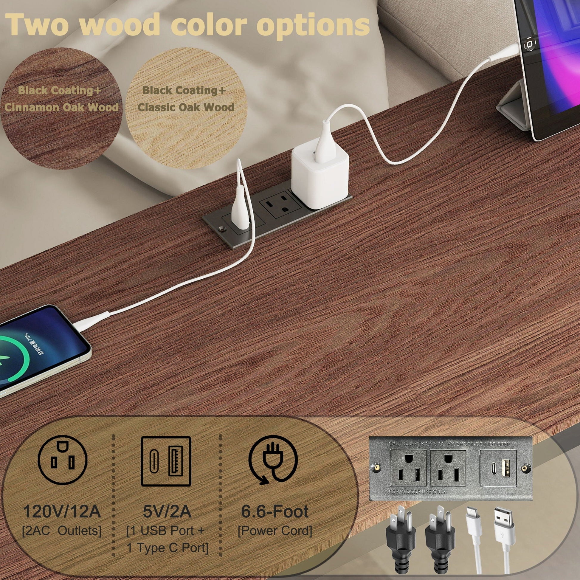 Ethan bunk bed with desk finish options: Black Coating + Cinnamon Oak Wood and Black Coating + Classic Oak Wood, two color swatches on a desk with charging cables on Tampa Home & Garden Store