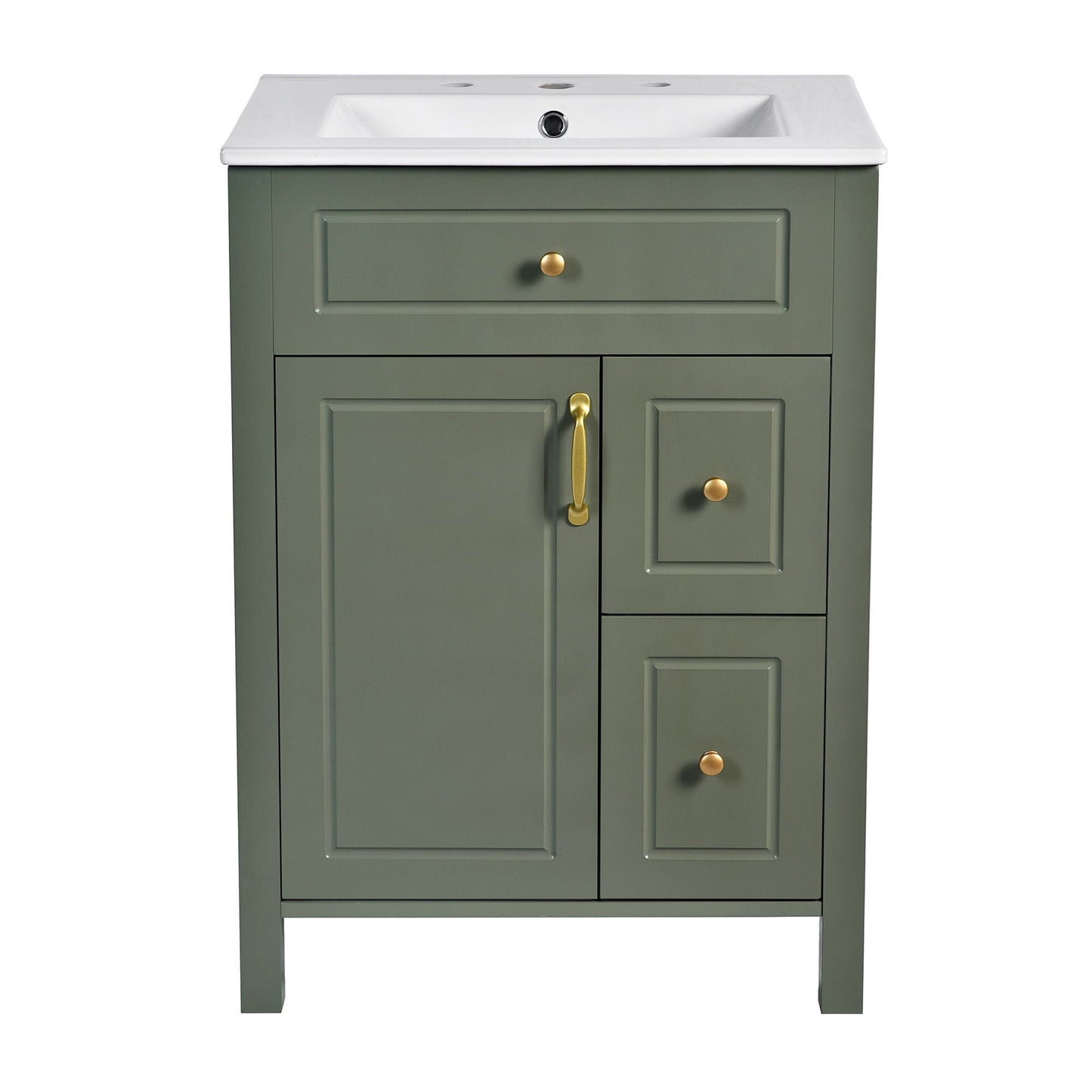 Elegant Bathroom Vanity Ceramic Sink and Drawers in sage green with brass hardware on Tampa Home & Garden Store