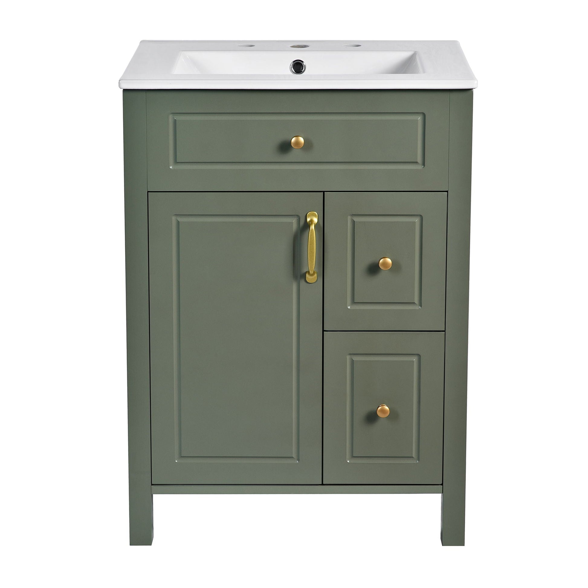 Elegant Bathroom Vanity Ceramic Sink and Drawers in sage green with brass hardware on Tampa Home & Garden Store