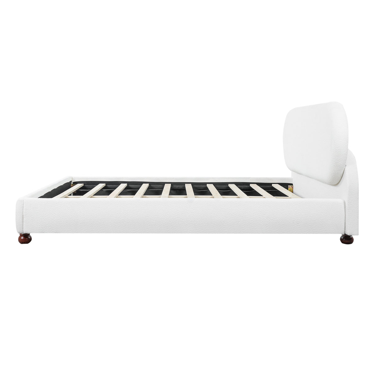 Cream-colored boucle upholstered king bed with rubber wood feet by HouseOfZazla on Tampa Home & Garden Store