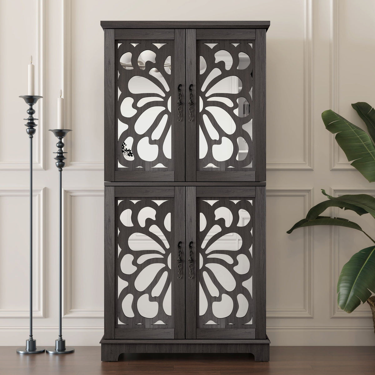 Modern sideboard buffet by HouseOfZazla with mirrored cutouts, dark gray, adjustable shelves on Tampa Home & Garden Store