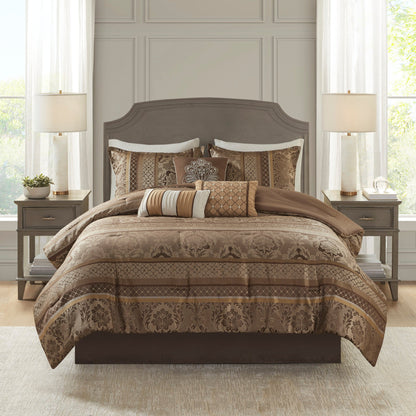 7 Piece Jacquard Comforter Set King Brown/Gold bedding with damask patterns on Tampa Home & Garden Store