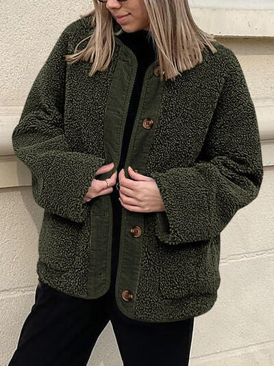 Stevvex Modern Cozy Sherpa Jacket with Pockets olive green button-up oversized coat on Tampa Home & Garden Store