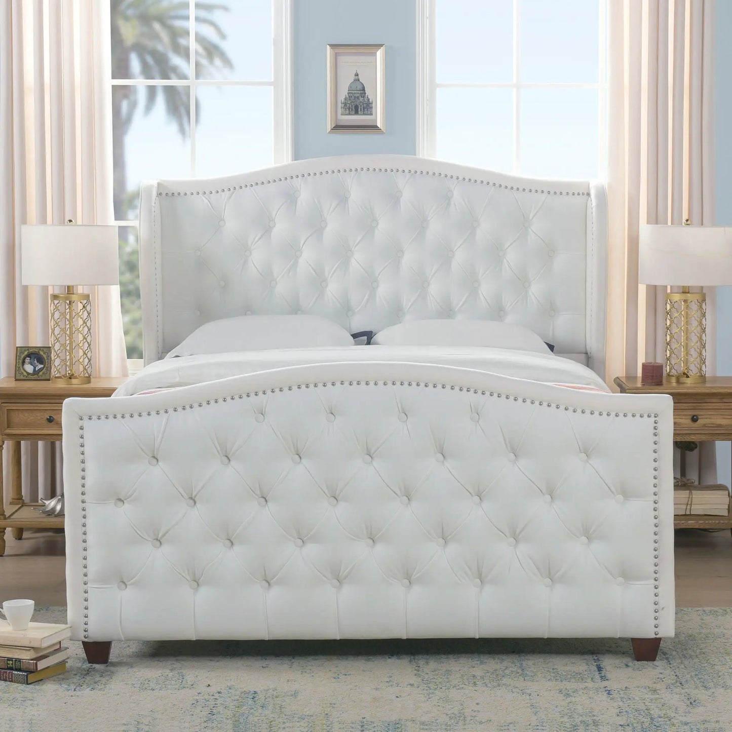 Marcella upholstered shelter headboard bed set in white tufted fabric with nailhead trim on Tampa Home & Garden Store