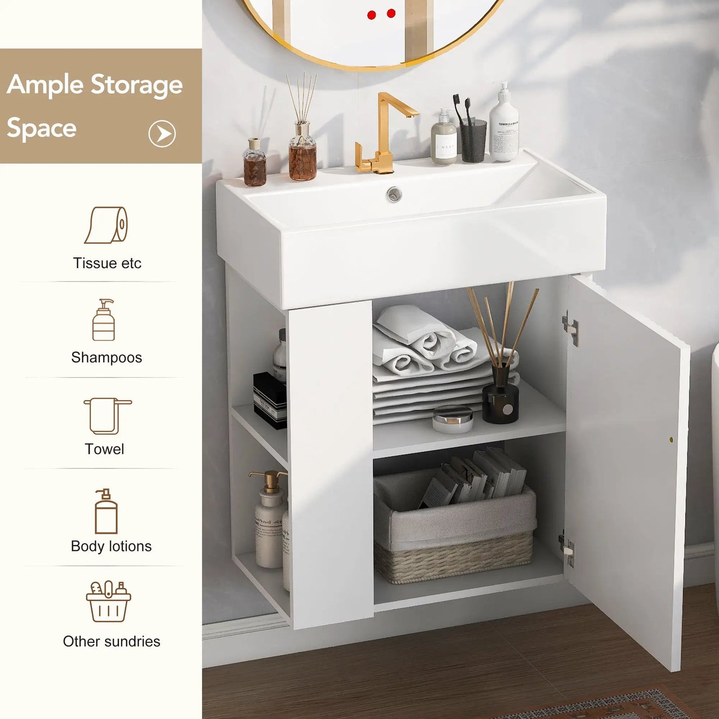 Compact Modern Floating Vanity with Ceramic Basin