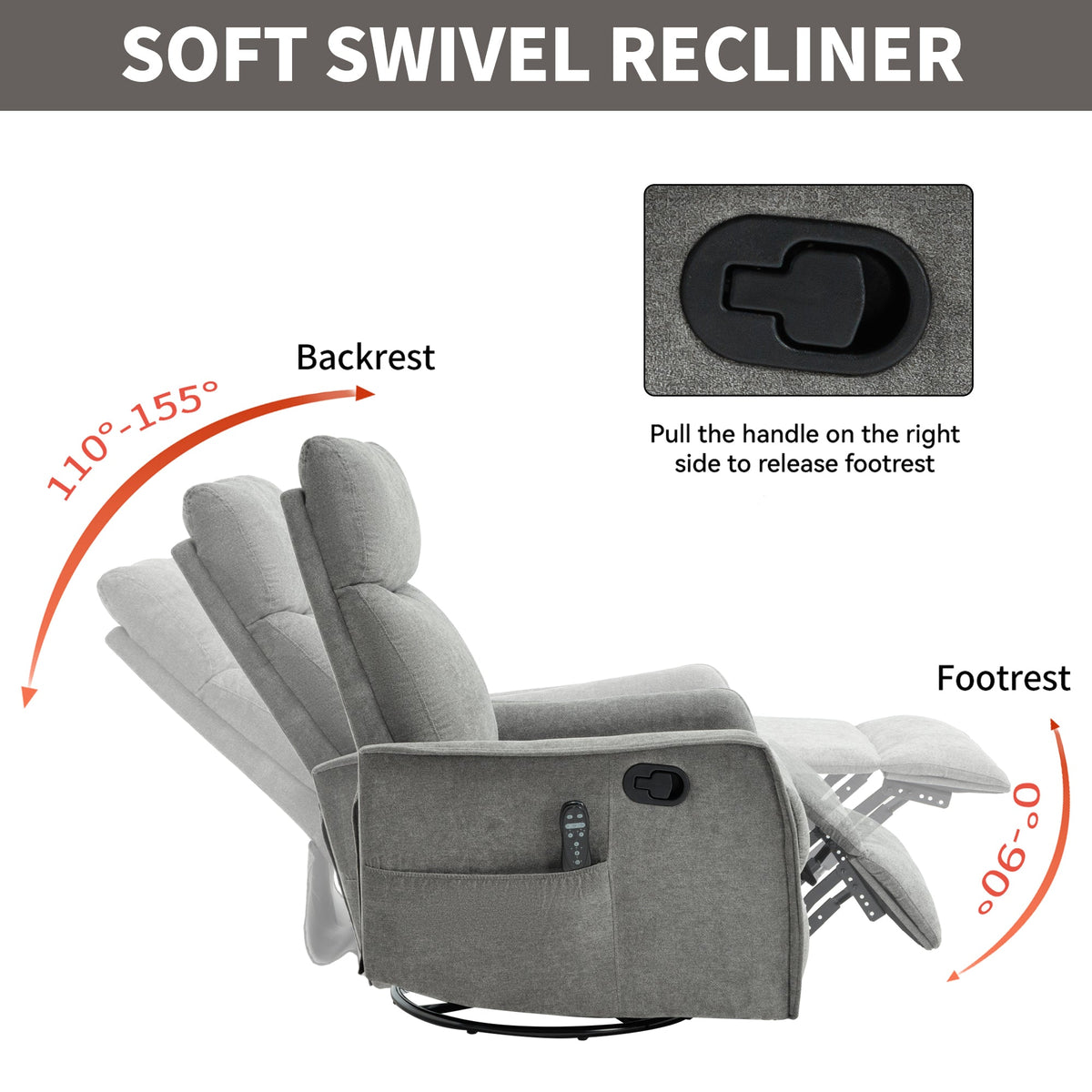 Heat Massage Manual Recliner Chair with Rocker and Swivel gray fabric by HouseOfZazla on Tampa Home & Garden Store