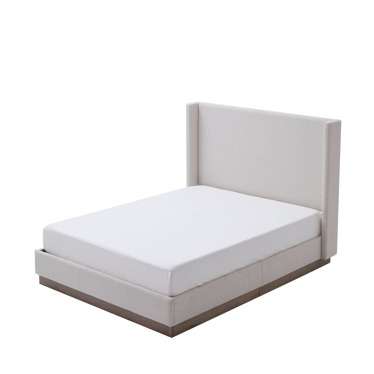 Hosford minimalist upholstered wingback bed with wood base in light gray fabric on Tampa Home & Garden Store