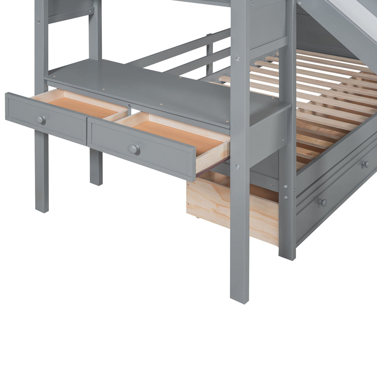 HouseOfZazla grey bunk bed frame with under-bed storage drawers and wooden slats on Tampa Home & Garden Store