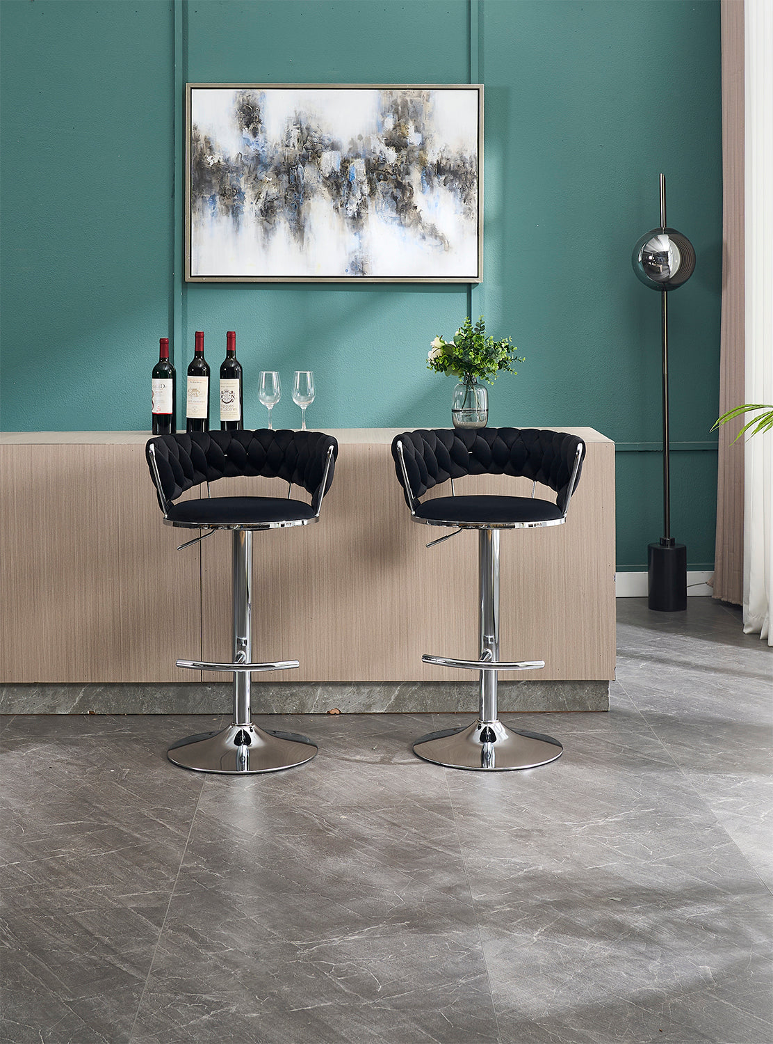 Modern set of 2 black bar stools with tufted foam cushions and chrome metal bases on Tampa Home & Garden Store
