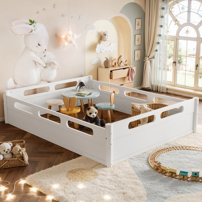 Queen size floor platform bed with full-length guardrails in white, kids room on Tampa Home & Garden Store