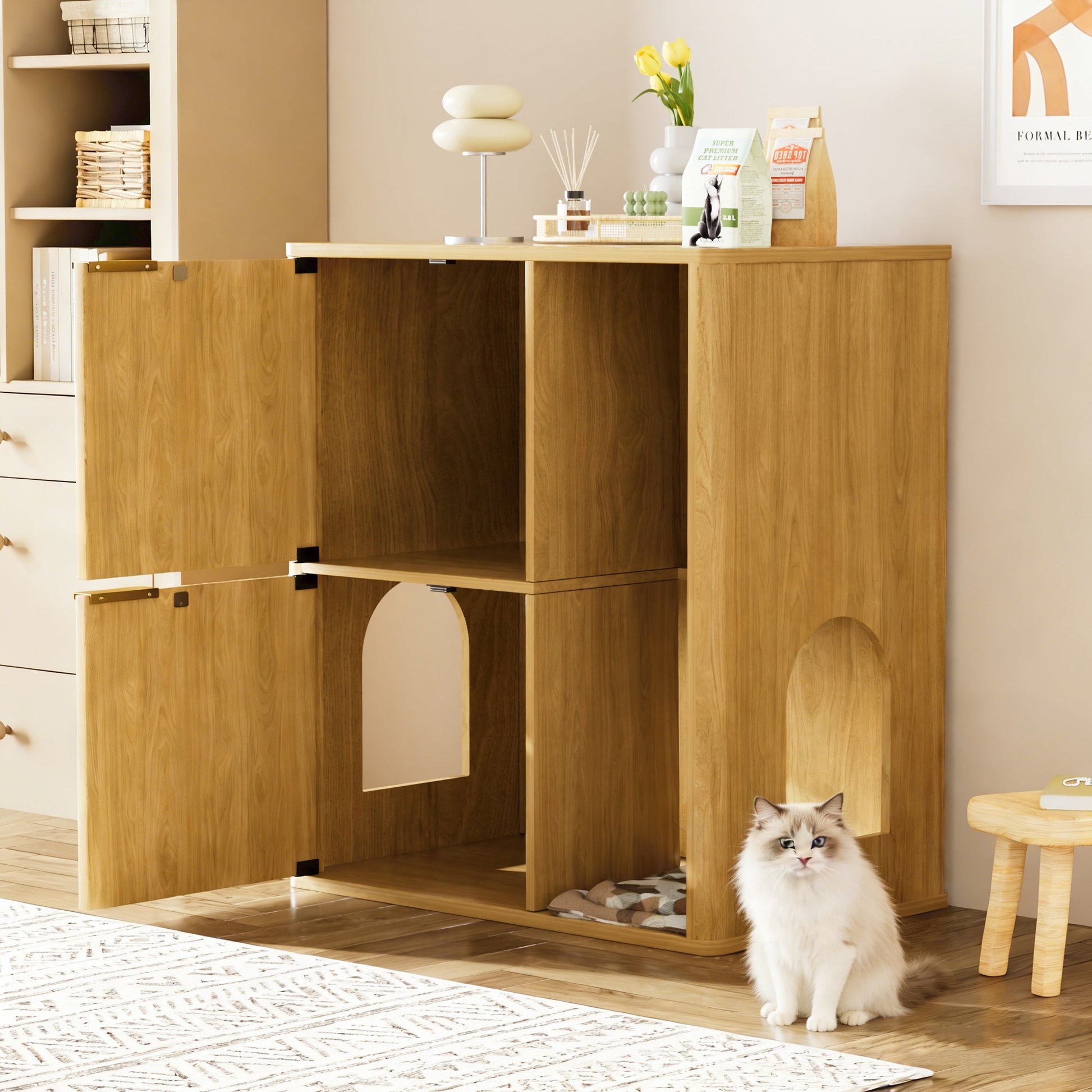 31.5-inch light wood cat litter cabinet with cat tree HouseOfZazla open cubbies on Tampa Home & Garden Store