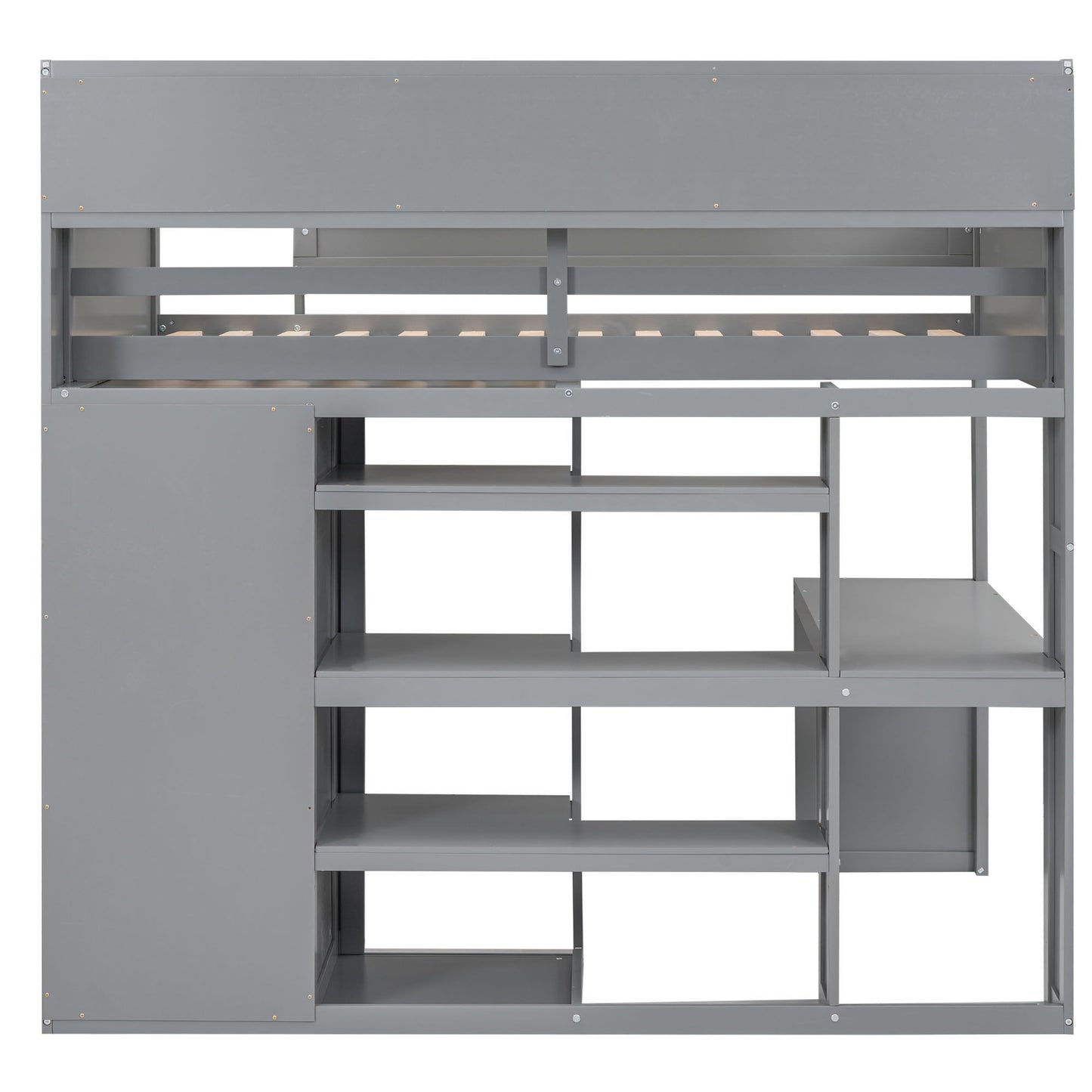 Loft bed frame in gray metal with built-in desk, storage shelves, and wardrobe on Tampa Home & Garden Store