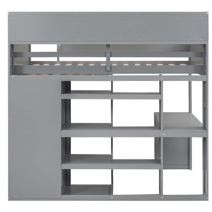 Loft bed frame in gray metal with built-in desk, storage shelves, and wardrobe on Tampa Home & Garden Store