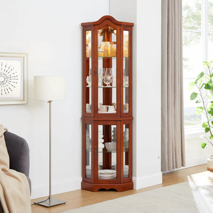 Corner curio cabinet in walnut with mirrored back and adjustable tempered glass shelves on Tampa Home & Garden Store