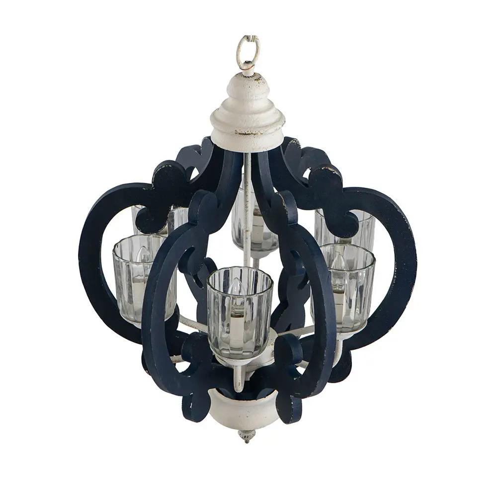 Wood Chandelier 6-Light Farmhouse Pendant in cream with navy frame and glass cup shades on Tampa Home & Garden Store