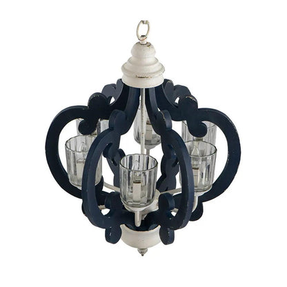Wood Chandelier 6-Light Farmhouse Pendant in cream with navy frame and glass cup shades on Tampa Home & Garden Store