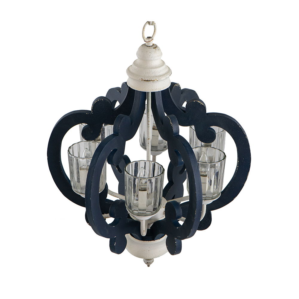 HouseOfZazla wood chandelier 6-light pendant navy blue with cream canopy and holders on Tampa Home & Garden Store