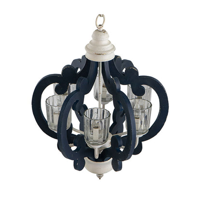 HouseOfZazla wood chandelier 6-light pendant navy blue with cream canopy and holders on Tampa Home & Garden Store