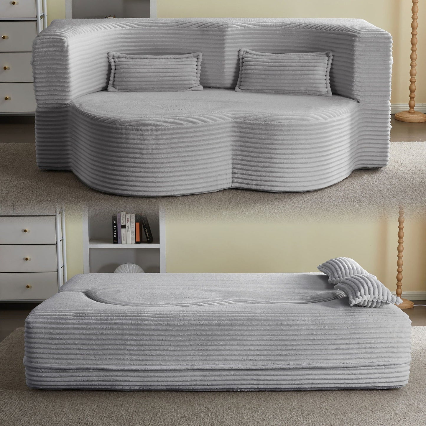 Floor convertible sleeper sofa bed with 2 pillows, gray corded fabric futon HouseOfZazla on Tampa Home & Garden Store