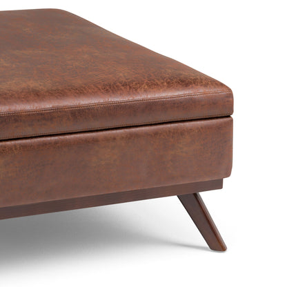 Square lift-top coffee table and storage ottoman brown distressed leather with wood legs on Tampa Home & Garden Store