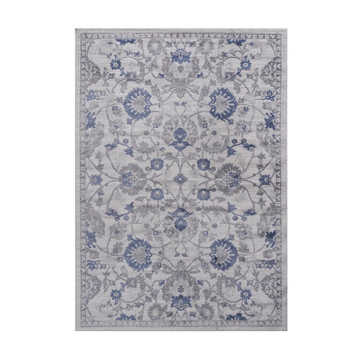 Marfi Trendy Oriental Area Rug gray with blue floral pattern and ornate border on Tampa Home & Garden Store