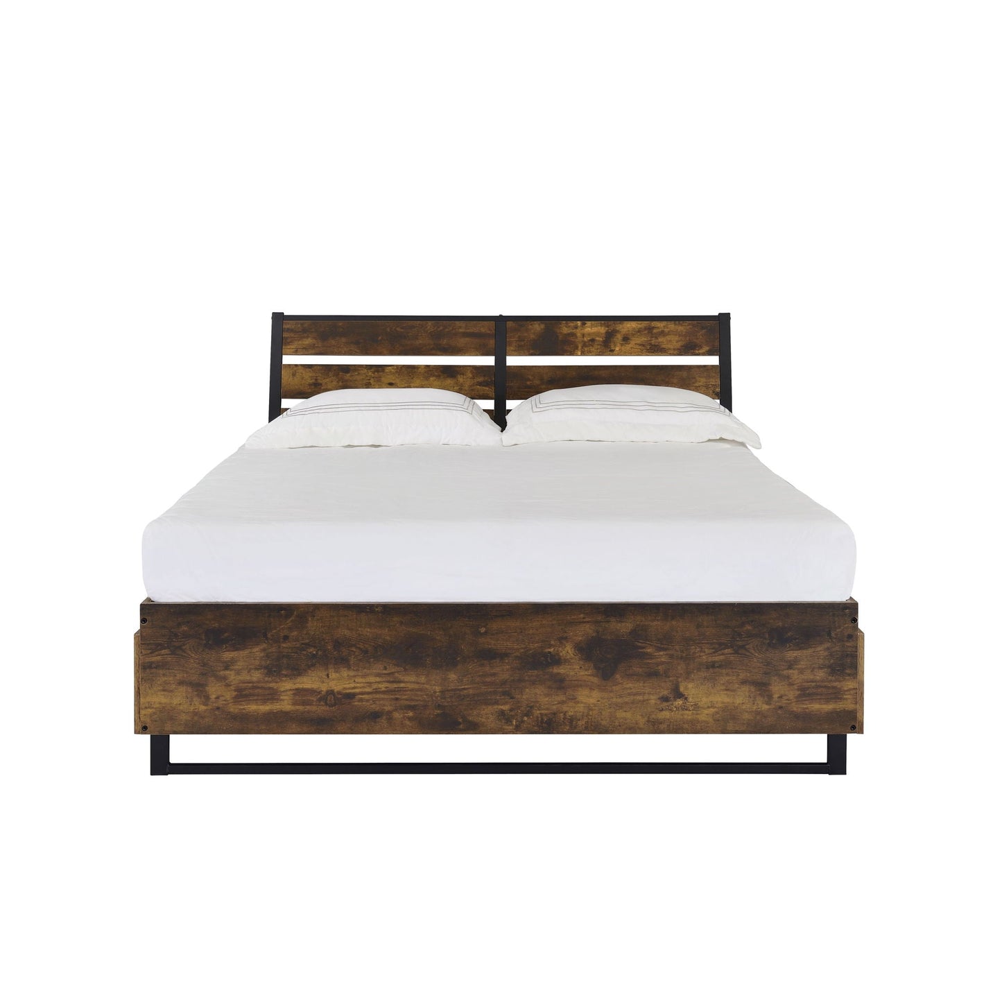 Juvanth Rustic Bed with dark brown wood panels and black metal frame HouseOfZazla on Tampa Home & Garden Store