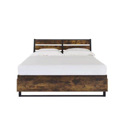 Juvanth Rustic Bed with dark brown wood panels and black metal frame HouseOfZazla on Tampa Home & Garden Store