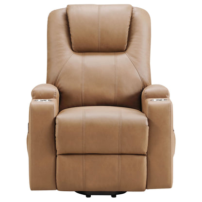 Macklin power lift massage recliner with heat in tan leather and dual cupholders on Tampa Home & Garden Store
