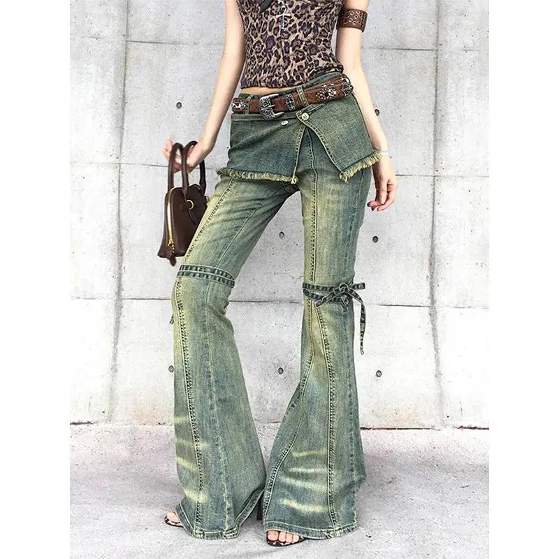 Womens distressed lace-up vintage-style American denim jeans washed green by FLIPSTYLEZLLC on Tampa Home & Garden Store