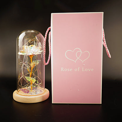 Gold foil rose preserved flower under glass dome on wooden base with pink Rose of Love gift box on Tampa Home & Garden Store