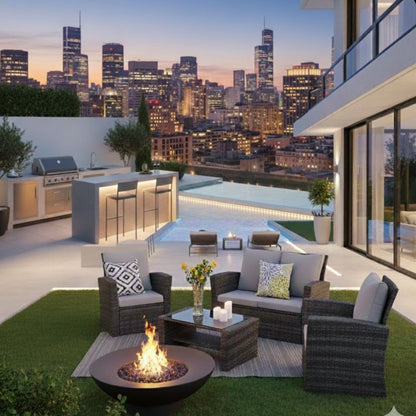 Modern 4-piece patio set with cushions by HouseOfZazla on gray wicker seating around a fire pit on Tampa Home & Garden Store
