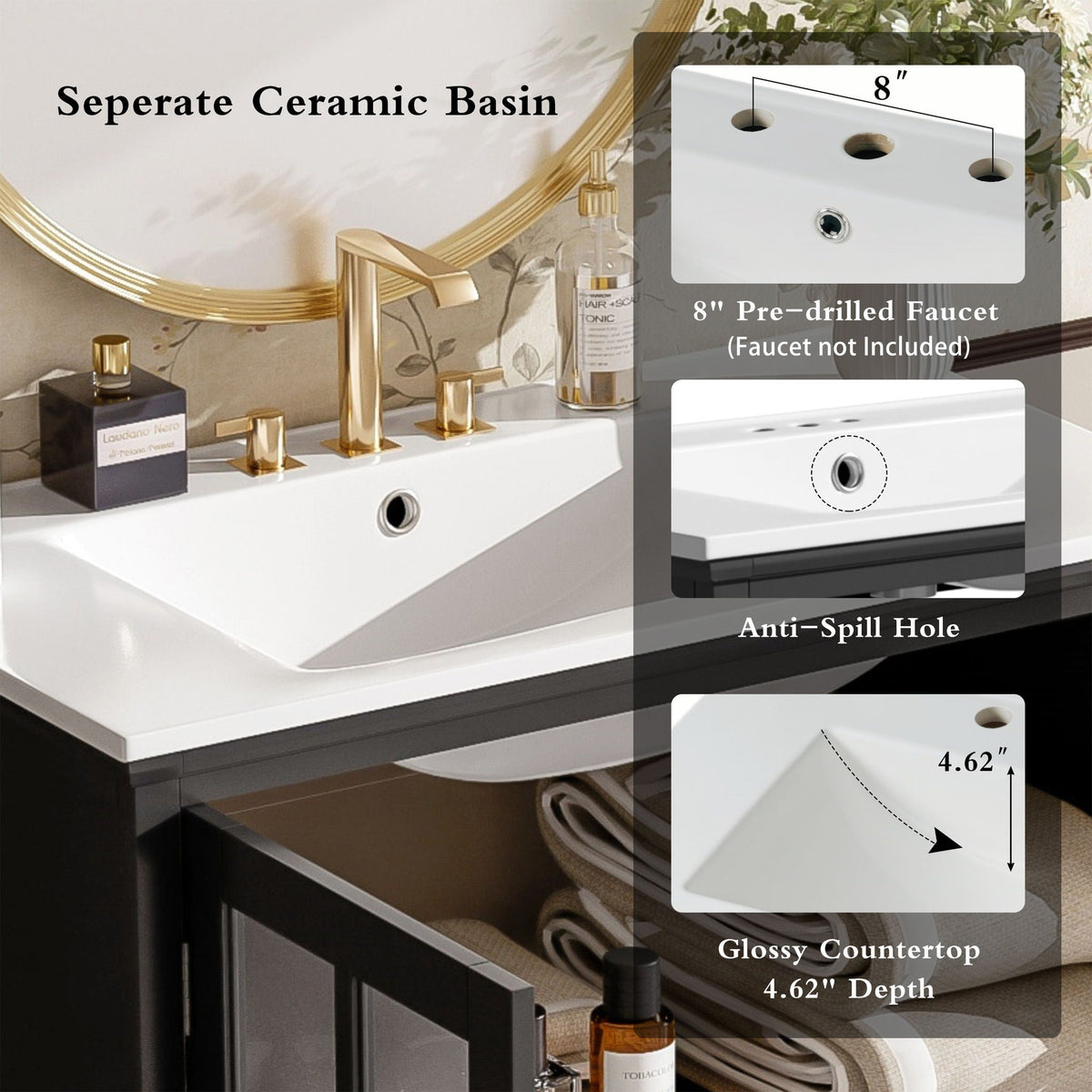 HouseOfZazla modern vanity with ceramic sink, white top, black base, gold faucet 8-inch holes on Tampa Home & Garden Store