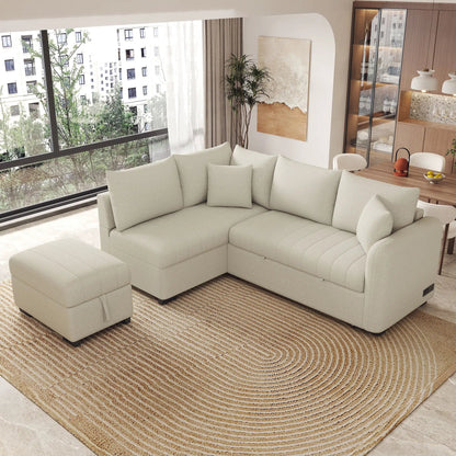 Beige fabric L-shaped sectional with chaise and movable storage ottoman from Unique Piece on Tampa Home & Garden Store